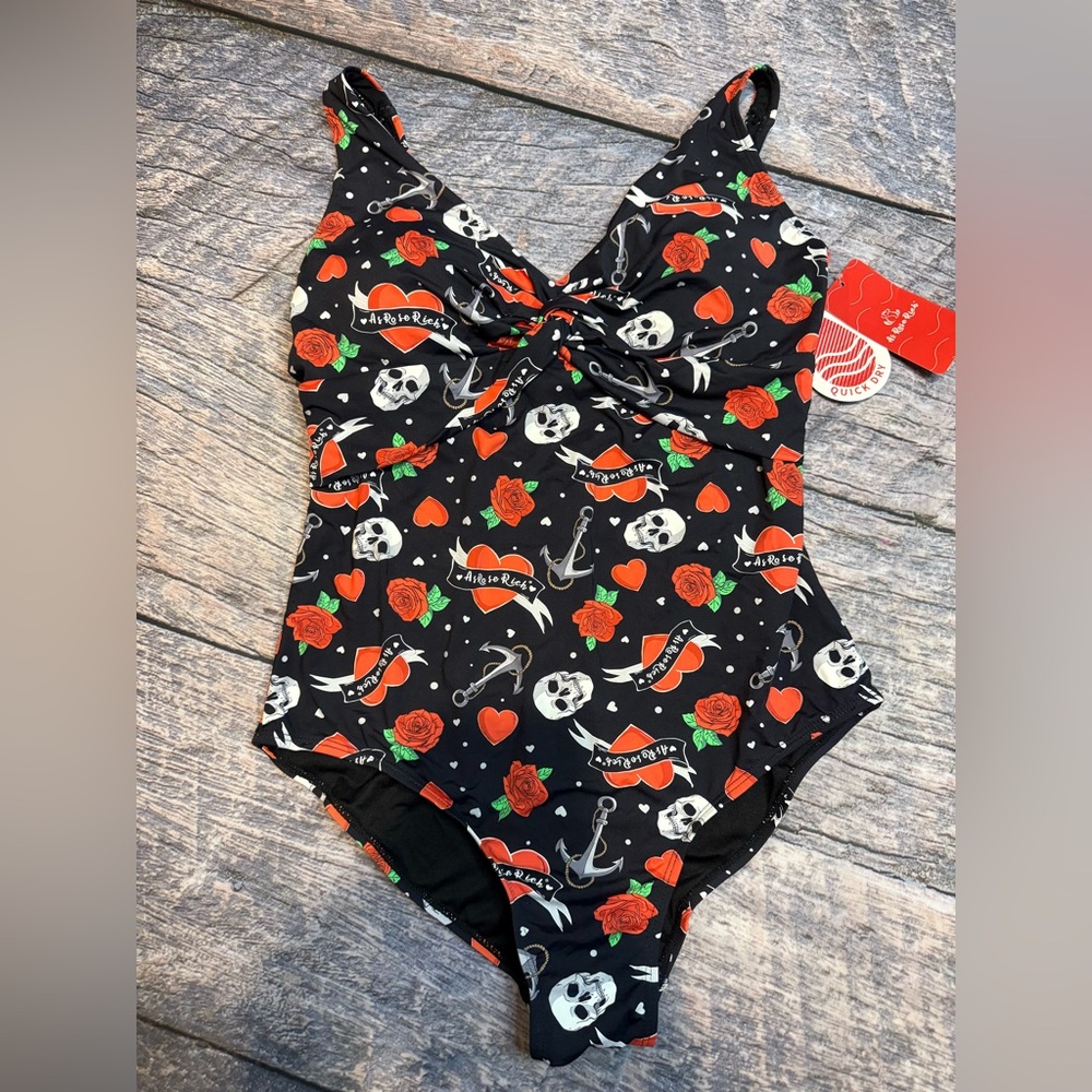 Black skulls & hearts one piece swimsuit, Large, NWT